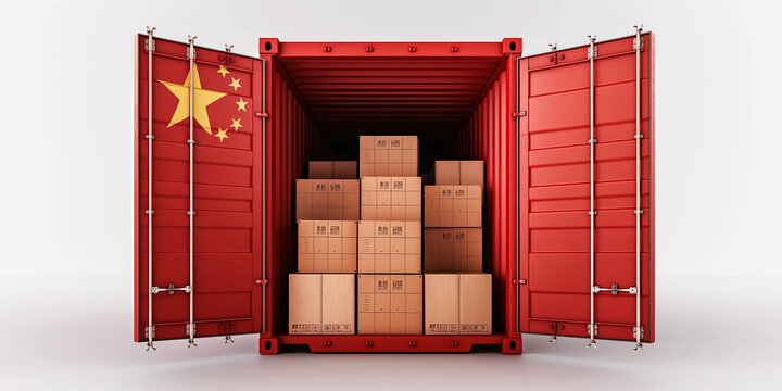 Chinese flag on red shipping container full of cardboard boxes - Powered by Adobe