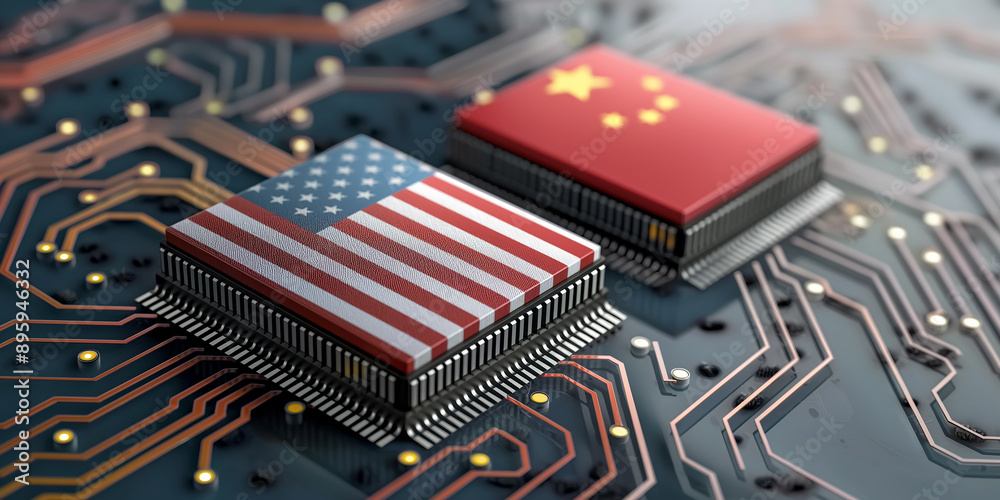 Poster Us and china flags printed on computer processors facing each other on motherboard