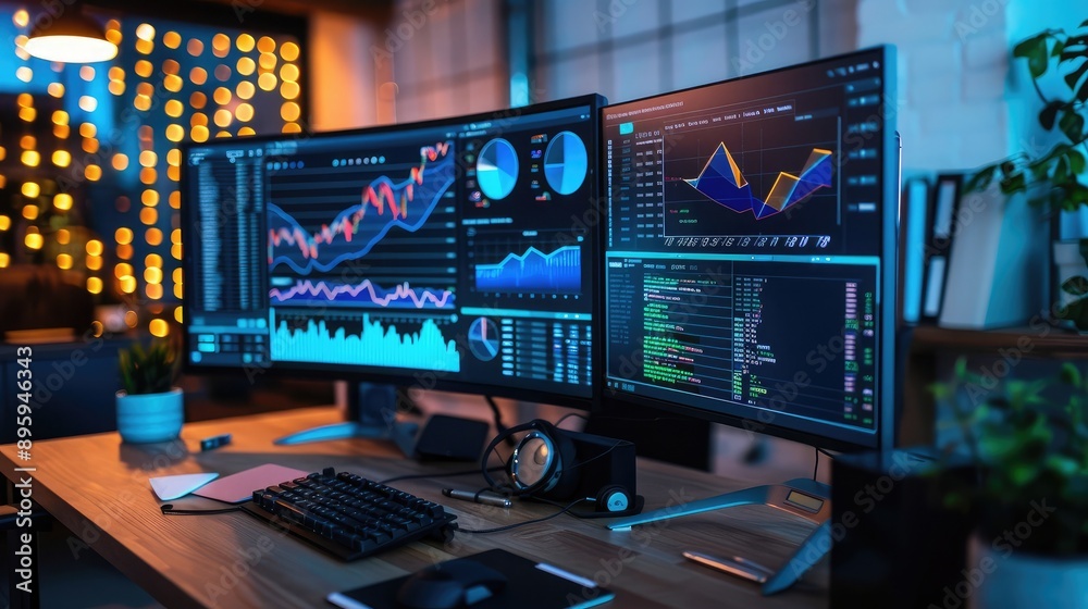 Poster a desktop setup with dual monitors showing different business applications and data.