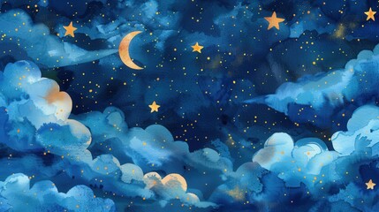 Obraz premium Enchanting Night Sky with Crescent Moon and Twinkling Stars