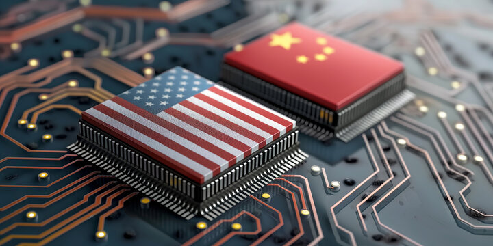 Us and china flags printed on computer processors facing each other on motherboard - Powered by Adobe