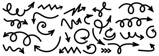 A collection of hand-drawn arrows in various shapes and styles. Perfect for design and creative projects. Vector illustration.