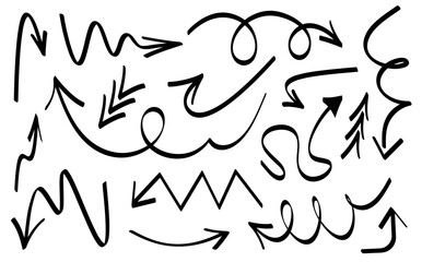 A diverse collection of hand-drawn arrows in various styles and shapes. Vector illustration.
