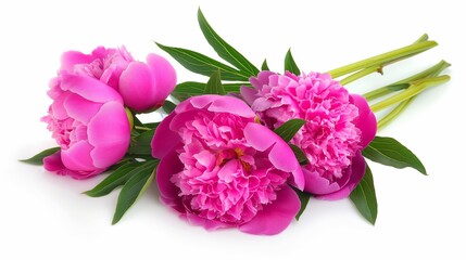 Three pink flowers with green leaves are arranged in a bouquet. The flowers are in full bloom and are arranged in a way that highlights their beauty. The bouquet is placed on a white background