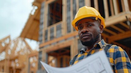 A focused engineer reviews structural plans at a residential construction site framed by wooden structures and building materials His professional attire and safety equipment highlight the serious