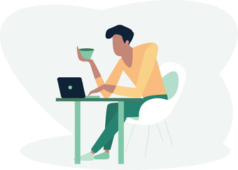 Man working on computer center table and drinking a hot coffee