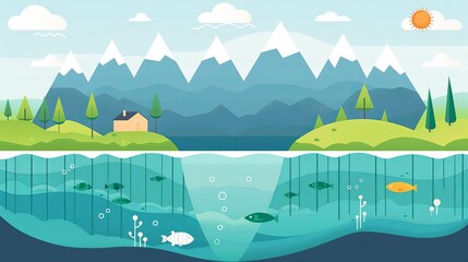 Fototapeta premium Marine ecosystem impact, resource extraction levels, flat design illustration