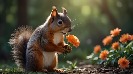 Cute squirrel offering a flower gift to its lover fun.generative.ai