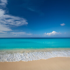 Fototapeta premium 美しいビーチが広がり、透き通った青い海が穏やかに波打っています。背景には青い空と白い雲が広がり、平和でリラックスした雰囲気が漂っています。晴天の下で自然の美しさが際立っています。generative AI