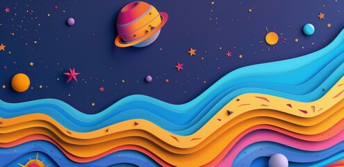 Fototapeta premium A vibrant background with an intricate paper cut-out design of the universe, featuring stars and planets in shades of blue, orange, pink, yellow, and purple.