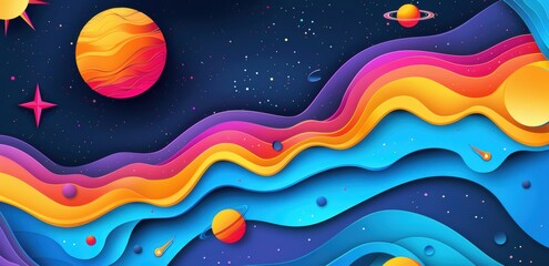 Fototapeta premium A vibrant background with an intricate paper cut-out design of the universe, featuring stars and planets in shades of blue, orange, pink, yellow, and purple.
