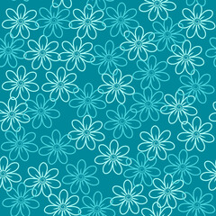 Seamless vector pattern of simple stylized flowers of different azure colors on a dark blue background for wallpapers, textiles, banners, cards, and wrapping paper.