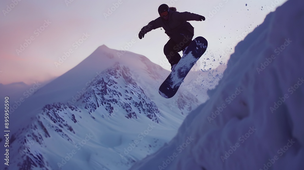 Wall mural snowboarding trick: a snowboarder performing a trick in the air, board tilted and body twisting.