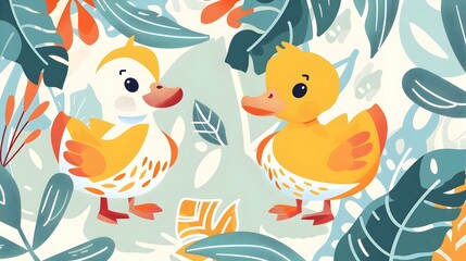 Fototapeta premium Cute cartoon ducklings in colorful nature