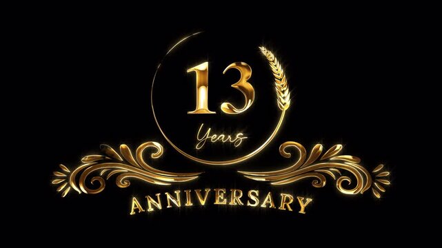 13th Anniversary Celebration. Happy 13 Years Anniversary Animation in Gold Color on the Transparent Background, Alpha Channel. Great for greetings, celebrations, events, and gifts.