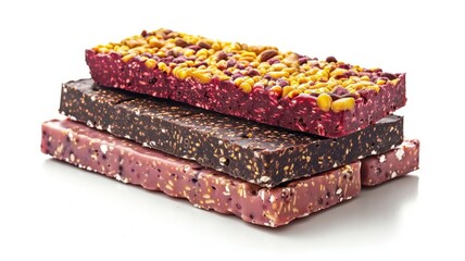 a stack of plant protein bars, food arrangement, digital art, vibrant hues, isolated on white background