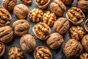 Top view of walnuts on a plain backdrop