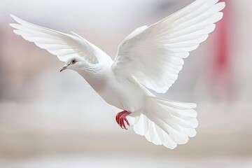 Obraz premium Dove flying with open wings in front of the sun