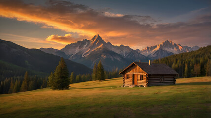mountain hut in the mountains, ai generated