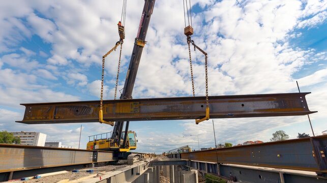 A construction crane lifting heavy steel beams into place as part of a bridge construction project.
