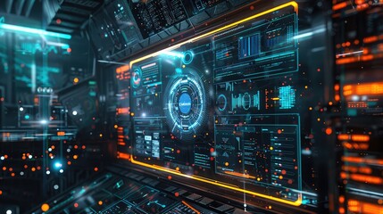 Obraz premium A futuristic digital display with holographic elements and data streams.
