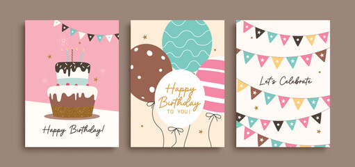 Happy birthday card set with cake, balloons and Banner. Cute and elegant illustration templates - Vector Design