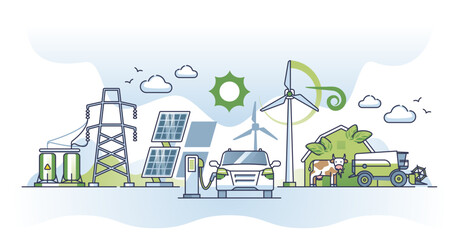 Renewable energy usage with solar or wind power stations outline concept, transparent background.Green and sustainable agriculture with alternative electricity sources illustration.