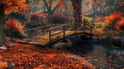 Selbstklebende Fototapeten A charming autumn scene featuring a small wooden bridge crossing a babbling brook, surrounded by trees in full fall color and a carpet of fallen leaves. © Thirawat