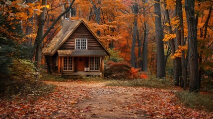 A charming autumn scene with a cozy cabin nestled among trees in full fall color, with a blanket of fallen leaves creating a picturesque setting
