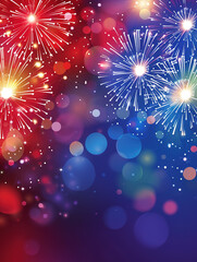 Fototapeta premium Colorful fireworks background illustration blooming in the blue night sky