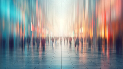 A blurry image of a city street with people walking in the background