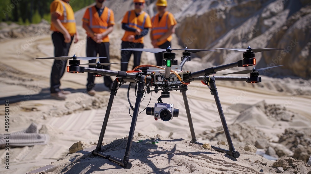 Wall mural a construction crew using drones equipped with lidar scanners to create detailed 3d maps of a site f