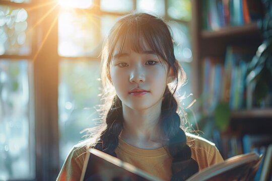 Asian girl student learning in school library.