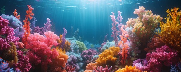 Obraz premium Colorful Coral Reef Underwater Texture Background, 4K hyperrealistic photo