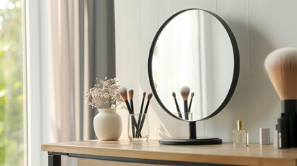 Makeup Vanity with Round Mirror and Accessories