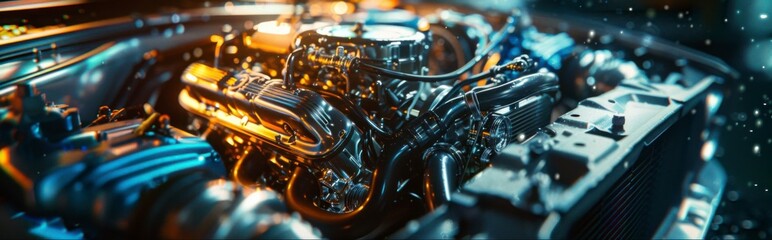 Fototapeta premium Car repair advertisement with detailed engine parts