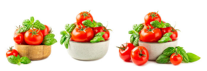 Fresh cherry tomatoes and fresh green basil isolated on white background. Tomato sauce. Vegan. Ingredients for salad. Organic food. Place for text. Copy space.