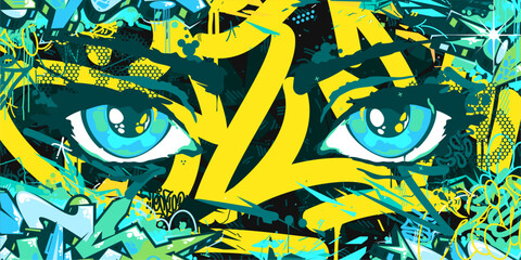 Fototapeta premium Modern Abstract Urban Futuristic Street Art Graffiti Style Background With Big Eyes Illustration