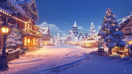 A cozy snowscape with a snow-covered town square, where festive lights adorn snow-covered trees and a charming winter market creates a warm