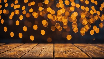 orange glittery bokeh on wooden table photo for ad marketing business background