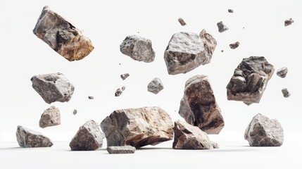 Isolated falling rocks and stones on a white background, emphasizing texture and movement in a dramatic way