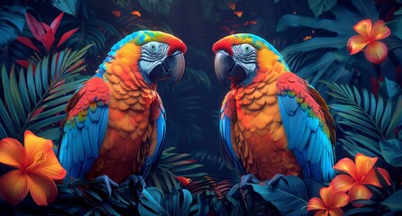 Fototapeta premium Exotic colorful background with macaws in the jungle surrounded by lush vegetation and blooming flowers