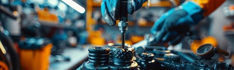 Motorcycle maintenance banner with oil and tools