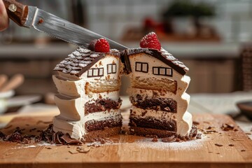 Hand cutting a cake house. Divorce and division of property concept.