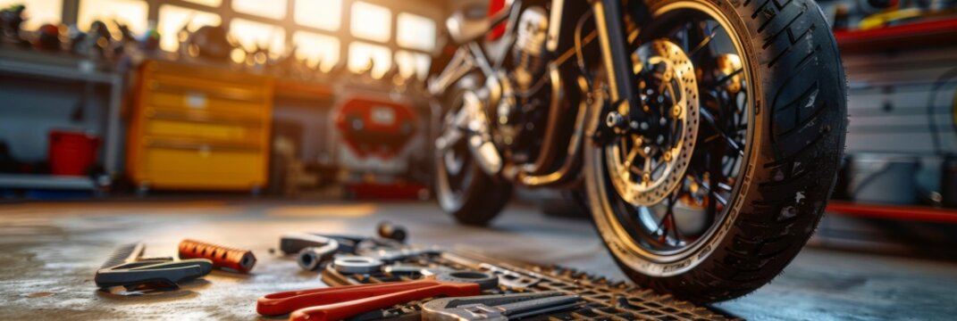 Motorcycle tire and tools on a banner design