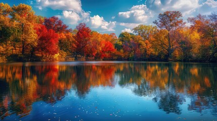 A scenic view of a tranquil lake surrounded by trees displaying their vibrant fall colors, with the rich hues of the leaves mirrored in the calm water