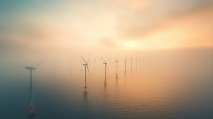 A group of wind turbines are in the water with a foggy sky in the background