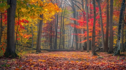 Fototapeta premium A serene autumn afternoon in a forest with trees in full fall colors, their leaves forming a colorful carpet on the forest floor and creating a peaceful atmosphere.