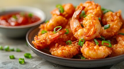 Fototapeta premium Crispy tempura shrimp, golden batter texture, scattered green onions, gradient pale yellow background, small bowl of vibrant red tomato sauce, food photography, macro details.