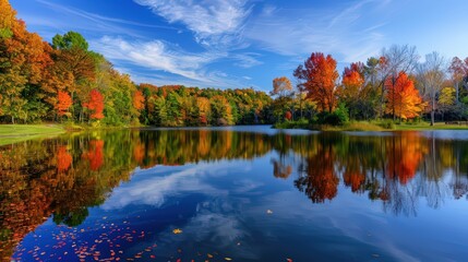 A serene autumn scene with a picturesque lake surrounded by trees adorned in brilliant fall colors, reflecting the rich foliage in the calm water